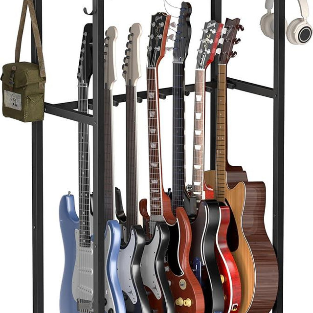 Whoonba Guitar Stand, Multiple Guitar Rack Holder with Top Storage Shelf for Acoustic, Electric Guitar, Bass, Guitars Display Rack for 7 String Instruments, for Home, Stage, Studio Music Room, Black