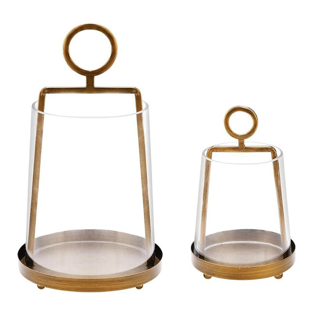 Twakutwaku 9" & 6" Wide Modern Farmhouse Metal Hurricane Candle Holder with Handmade Sturdy Glass Sleeve in VintageBrass for Pillar Candle & Plants, Glass Hurricane Lantern, Industrial, Minimalistic