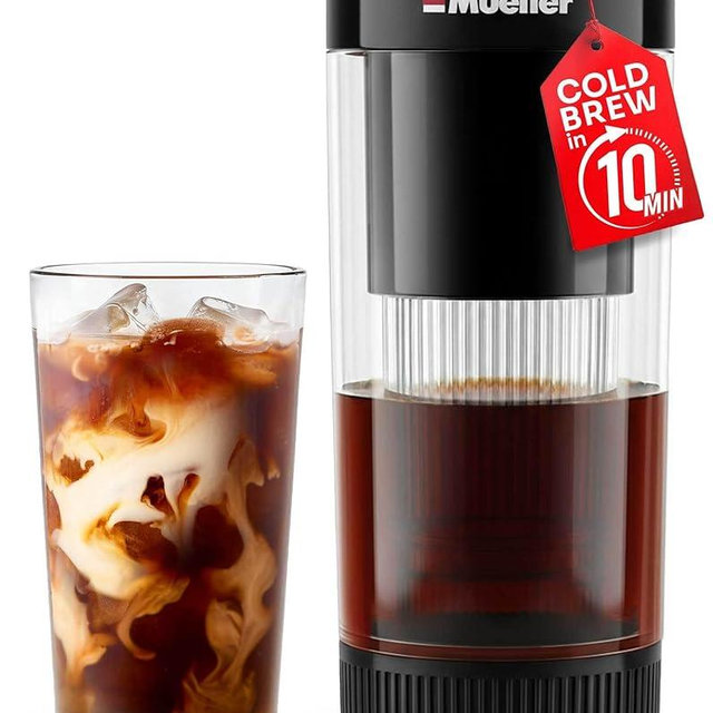Mueller RapidBrew Cold Brew Iced Coffee Maker – 10 Min Fast Brew Portable Rechargeable Cold Brew Machine for Coffee & Tea – Adjustable Strength 10-99 Min – 20 Servings Per Charge, Black Coffee