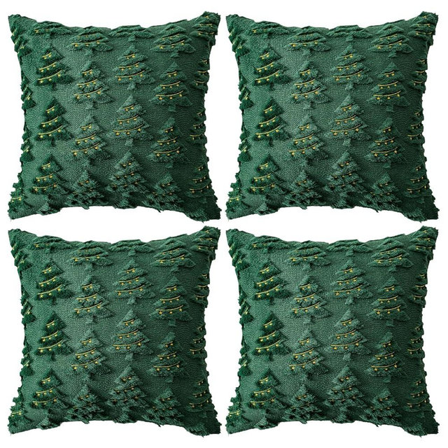 4 Pcs Christmas Throw Pillow Covers 18x18, Soft Faux Fur Pillow Cases Holiday Decorations, Fluffy Plush Accent Couch Cushion Case for Festivals Winter Sofa Living Room Home Decor(Green Tree)