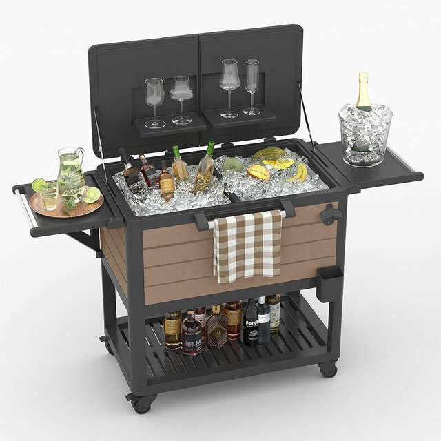 Patio Cooler Cart with Wheels, 104 Qt Portable Rolling Ice Chest, Outdoor Beverage Bar Cart with Handles for Pool, Deck, BBQ, Cookouts Party-Grey