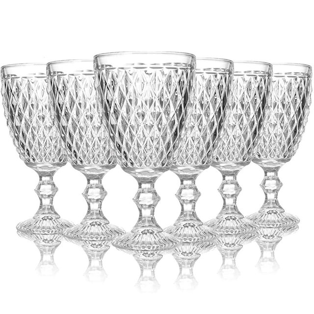 ZOOFOX Set of 6 Water Goblet Glasses, 10 oz Stemmed Wine Glasses with Embossed Design, Vintage Drinking Glassware for Anniversary, Wedding, Party, Housewarming Gift