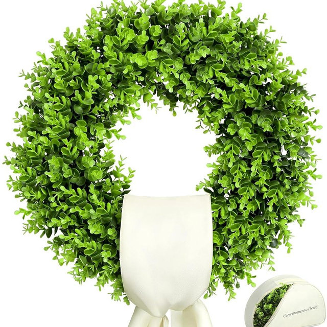 23" Boxwood Wreath for Front Door – Outdoor Boxwood Wreaths with Sash｜Summer & Spring Wreaths for Front Door (23 inch)
