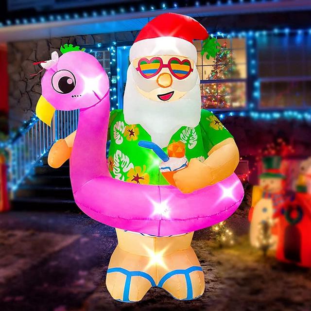BLOWOUT FUN 6ft Christmas Inflatable Hawaiian Santa with Flamingo Pool Float Decoration, LED Blow Up Lighted Decor Indoor Outdoor Holiday Art Decor Decorations Clearance