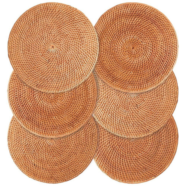Decvel 6-Pack Rattan Placemats - 13-inch Round Placemats (Honey Brown) - Woven Place Mats, Round Table Mats - Wicker Chargers for Dinner Plates, Plate Chargers Boho - Rattan Decor, Kitchen Table Decor