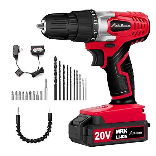 Avid Power 20V MAX Lithium Ion Cordless Drill, Power Drill Set with 3/8 inches Keyless Chuck, Variable Speed, 16 Position and 22pcs Drill/Driver Bits