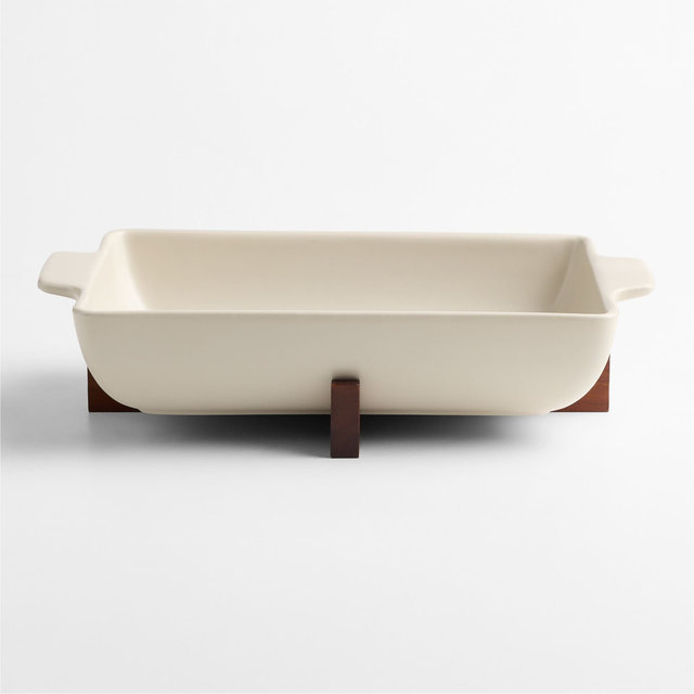 Oven-to-Table Rectangular Baking Dish with Dark Wood Trivet