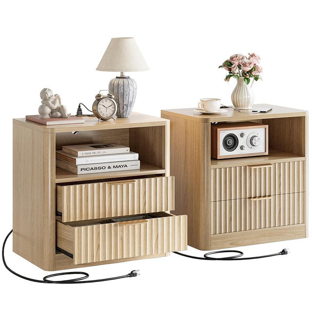 IRONCK Fluted Night Stand Set of 2, Modern Nightstand with Charging Station, Drawers and Open Shelves - Bedside Table Wood Side Table Set for Bedroom