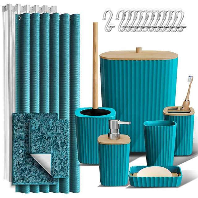 Clara Clark Bathroom Accessories Set - Teal Bathroom Set, Bathroom Sets with Shower Curtain and Rugs, 22PC Shower Curtain Set with Bathroom Trash Can