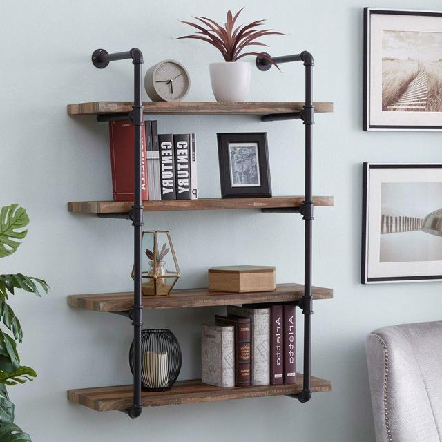 Homissue 4-Shelf Rustic Pipe Shelving Unit, Metal Decorative Accent Wall Book Shelf for Home or Office Organizer, Retro Brown