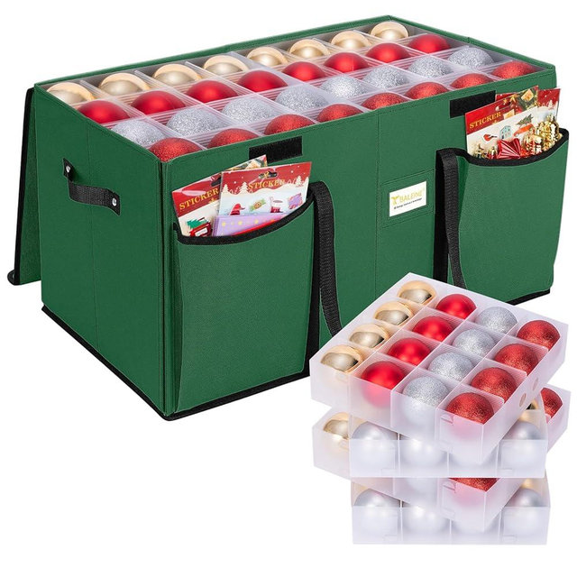 BALEINE Christmas Ornament Storage Box with Dividers, Premium Holiday Ornaments Storage Container Bin for Xmas Decorations (128 Ball, Green, Hard)