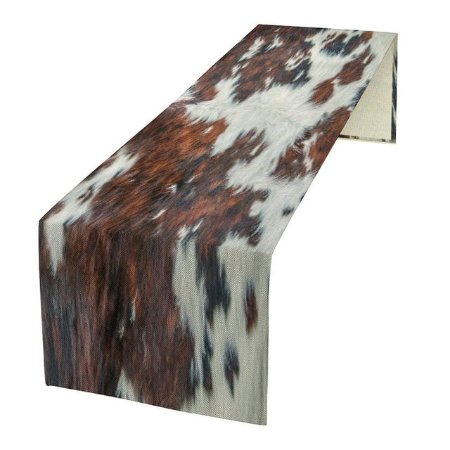 Cow Skin Print Table Runner, Rustic Cottage Country Farm Animal Fur Skin Western Style Brown Cowhide Print Dinner Runner for Home Kitchen Dining Table Decoration 13"x90"