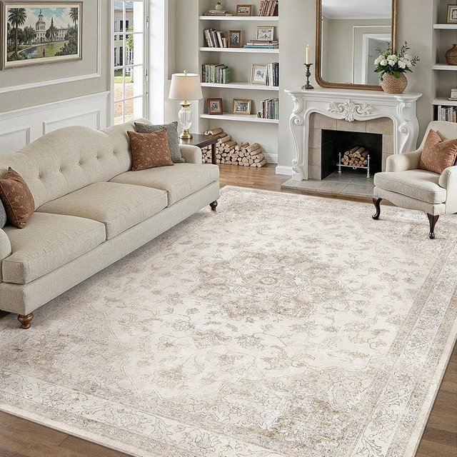 PureCozy Beige Area Rug 9x12 Washable Vintage Carpet for Living Room Bedroom Large Soft Retro Low Pile Thin Indoor Rug Non Slip Oriental Medallion Floor Cover for Dining Room Office