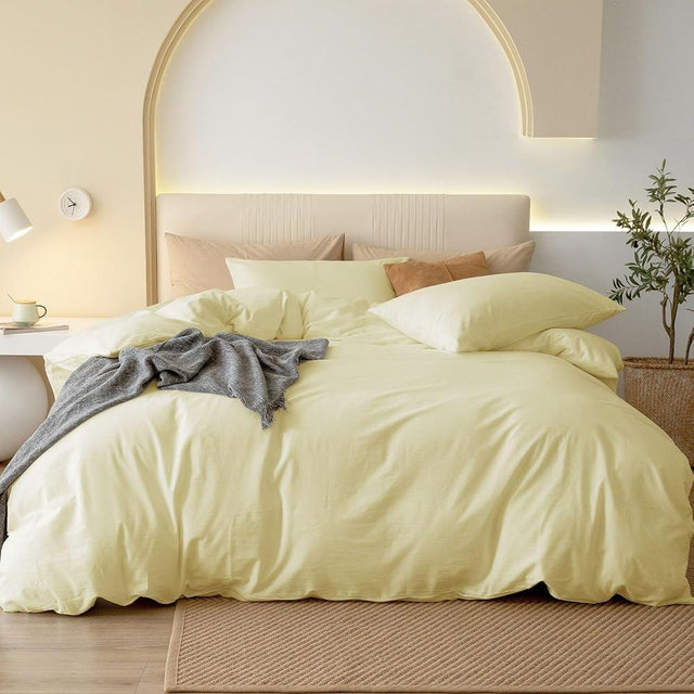 JIYUAN King Size Duvet Cover Set, 3-Piece - 100% Washed Cotton, Linen-Like Soft & Breathable with Zipper Closure, Includes 104x90 Inch Cover & 2 Pillowcases, Solid Light Yellow