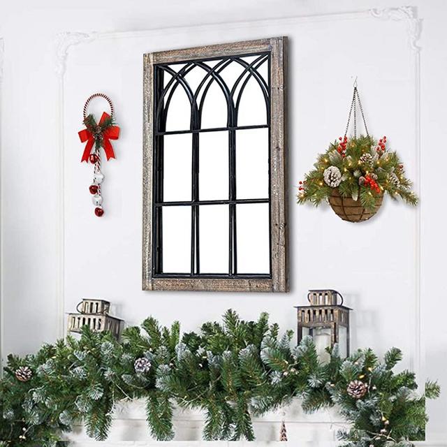 HAWOO Farmhouse Accent Mirror, Large Decorative Wall Mirror, Distressed Wood Window Mirror, (37.5" H x 24" W), Rustic Arch Windowpane Mirror for Entryways, Bathroom, Weathered Brown