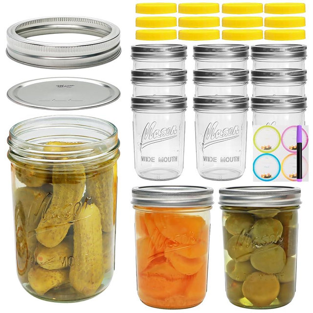 16 oz Mason Jars,Glass Jars with Lids and Labels, Airtight Canning Jars, Holds Overnight Oats, Jams, Honey, Spices, Wedding Favours, DIY Spice Jars, Pack of 12
