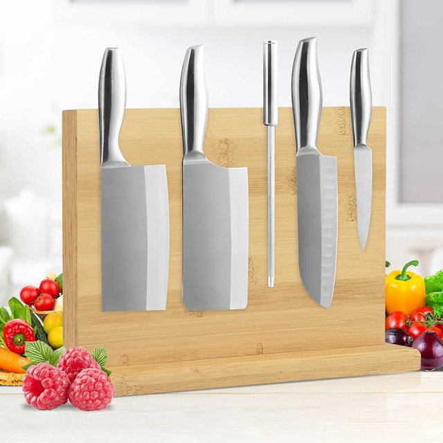 SEHAUSEU Double Sided Bamboo Magnetic Knife Stand,Kitchen Storage with Strong Magnets for Knives & Utensils,Modern Wooden Knife Block for Kitchen Countertops, Without Knives,10.9"x7"