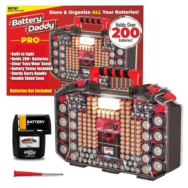 Ontel Battery Daddy Storage & Organizer Case with Light and Tester, Stores & Protects Over 200 Batteries, Double-Sided, Durable Design with Clear Locking Lid, Secure Latches & Portable Carrying Handle