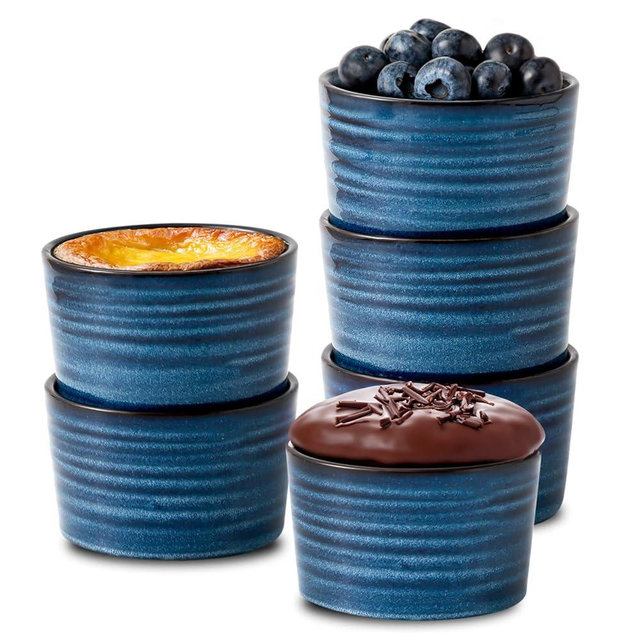 Hasense Ramekins 8 oz Oven Safe for Creme Brulee, Ceramic Souffle Dish Oven Safe Set of 6,Porcelain Dipping Sauce Bowls for Pudding, Creme Brulee, Souffle, Serving Dip, Custard, Ice Cream(Blue)