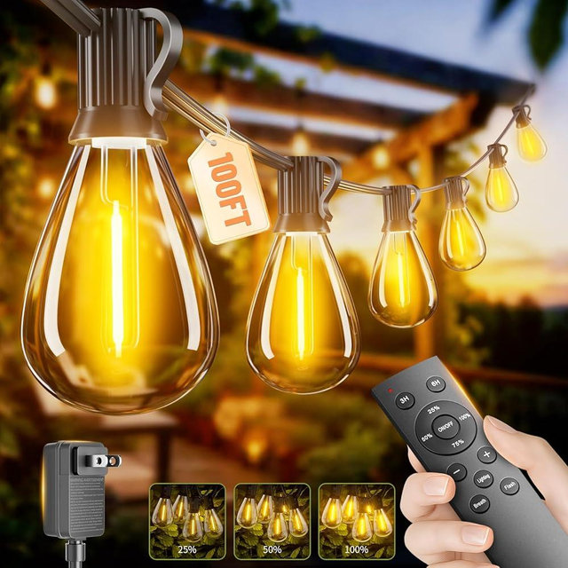 Sikitul 100FT LED Outdoor String Lights with Remote, One Continuous Strand Patio Lights with 35+1 Shatterproof S11 Bulbs, Dimmable 2700K Warm White, Timer & 3 Modes, Low Voltage for Backyard Garden
