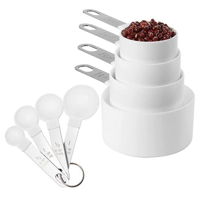 Measuring Cups and Spoons Set of Huygens Kitchen Gadgets 8 Pieces, Stackable Stainless Steel Handle Measuring Cups for Measuring Dry and Liquid Ingredient (White)