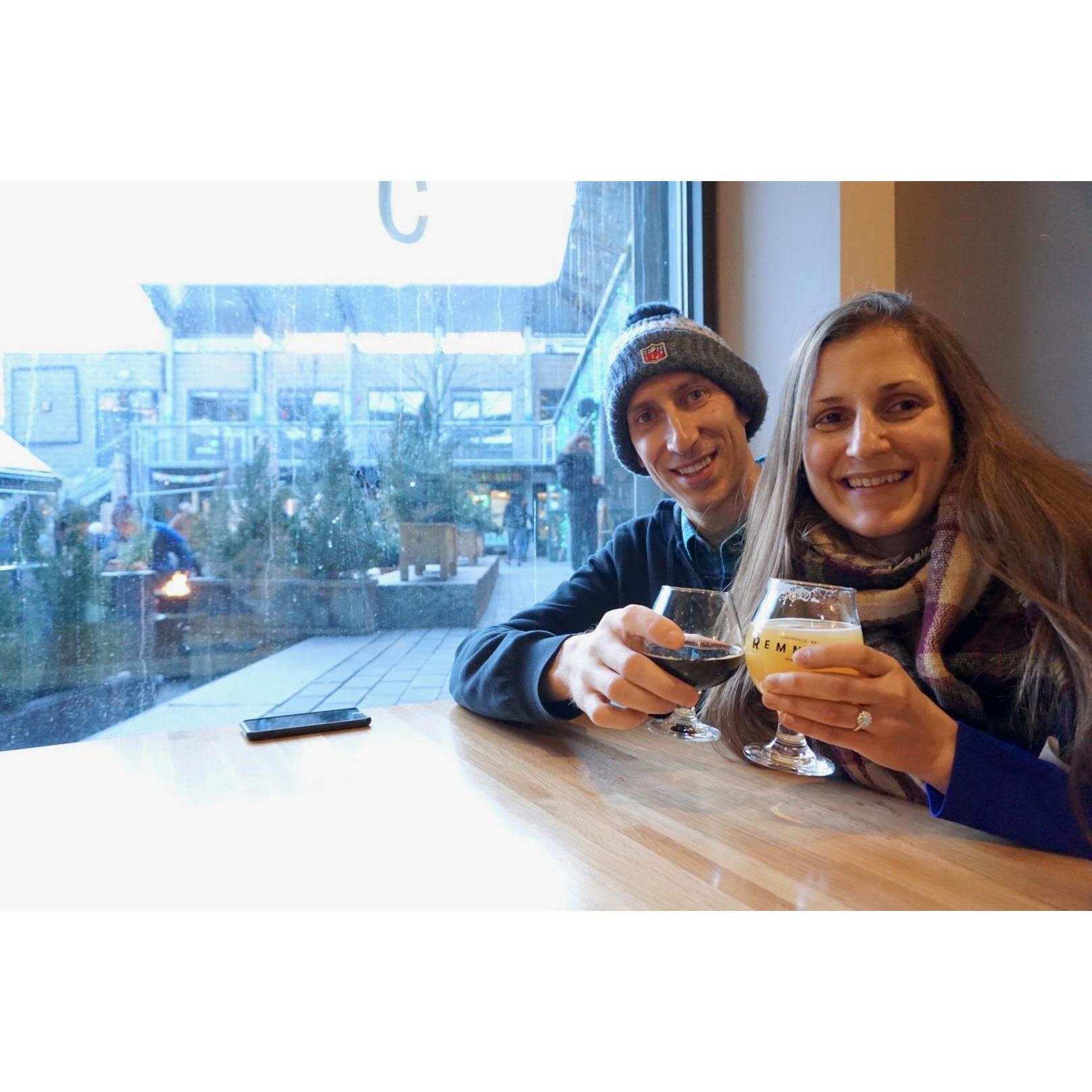 Celebrating our engagement back at Bow Market, where we had our first date.