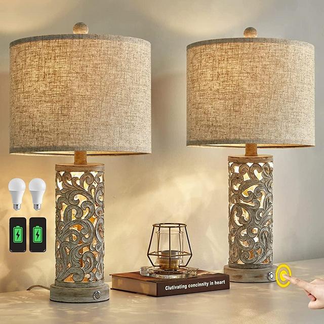OYEARS 3-Way Dimmable 22'' Table Lamp Set of 2 for Living Room Bedroom Farmhouse Vintage Retro Bedside Lamps Touch Control with USB Port Linen Shade for Home Office(2 Bulbs Included)