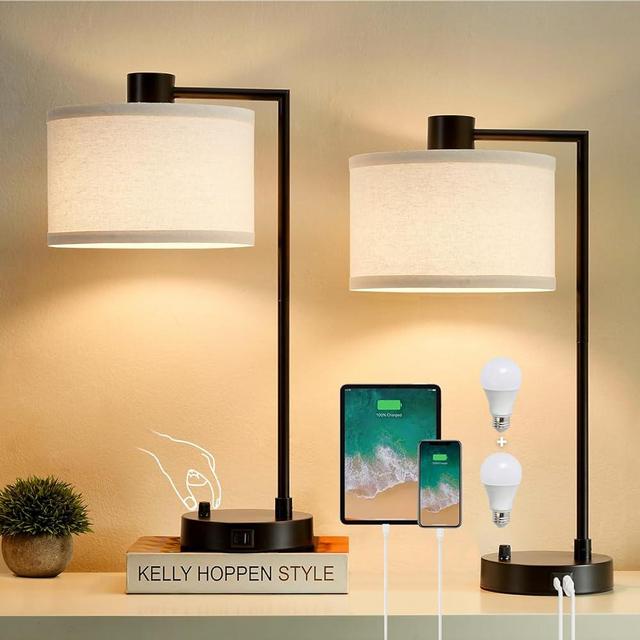 Luvkczc Table Lamp for Bedroom Set of 2 with USB C+A Ports, Fully Stepless Dimmable Bedside Lamp with Linen Lampshade, Nightstand Lamp for Living Room Reading Office, 2 LED Bulbs Included (Black)
