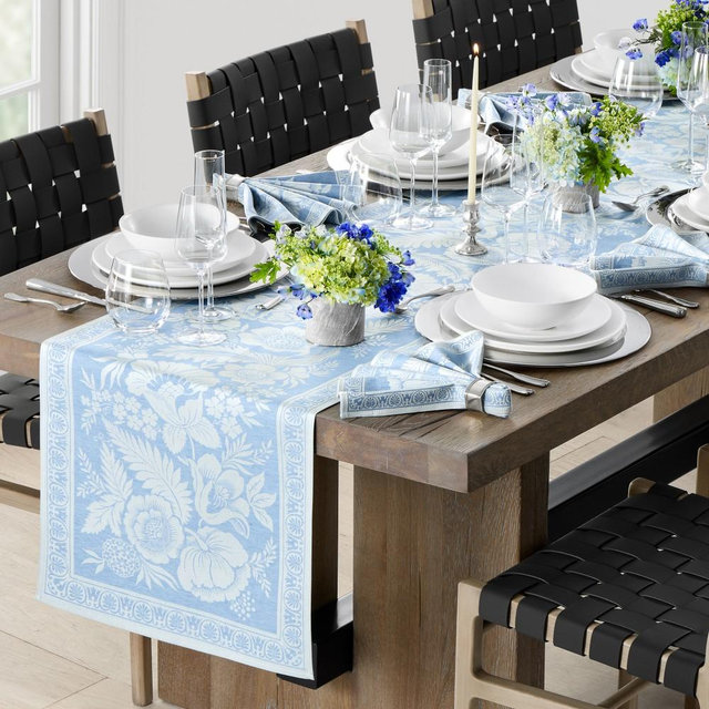 Vintage Floral Jacquard Table Runner, Blue