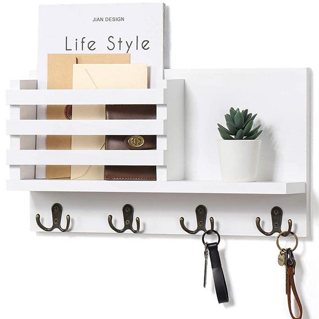 Mail Holder for Wall – Rustic Mail Organizer with Key Hooks for Hallway Kitchen Farmhouse Decor – Letter Sorter Made of Paulownia Wood with Floating Shelf, (16.5” x 9.1” x 3.4”)