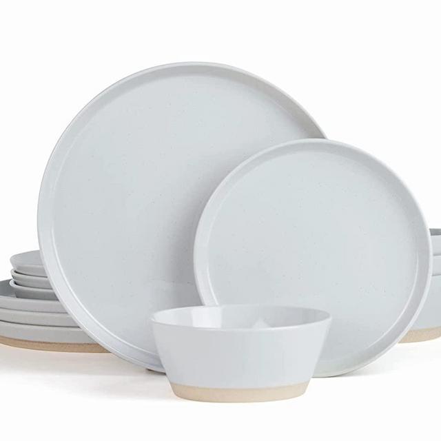 Famiware Saturn Dinnerware Sets, 12 Piece Dish Set, Plates and Bowls Sets for 4, Light Gray