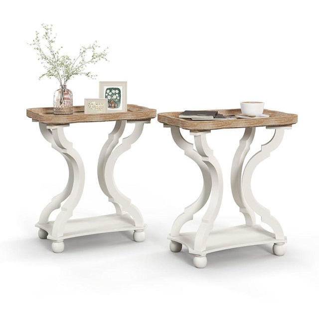 Elesuli Accent Wood Farmhouse End Table Side Tables Nightstand Natural Tray Top and Distressed Carved Legs for Bedroom Living Room, White (2 PCS)