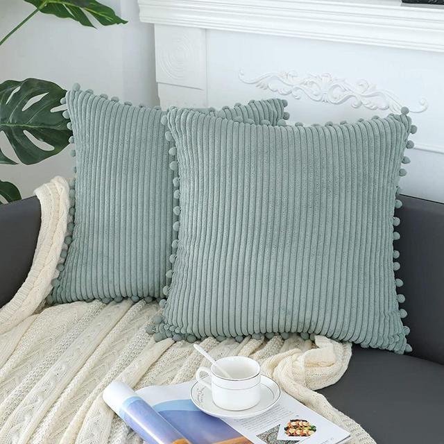 sykting Grey Blue Pillow Covers 18x18 inch Soft Striped Boho Farmhouse Decorative Throw Pillow Covers with Pom Poms for Couch Sofa Bed Chair Outdoor Pack of 2