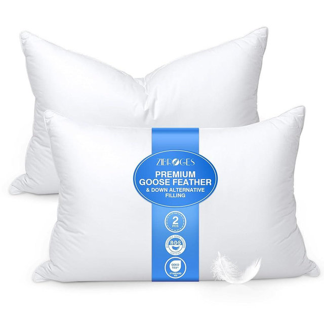 zibroges Goose Feather Pillow Queen Size Set of 2 - Down Hotel Bed Pillows for Sleeping, Soft 600 Thread Count Cotton Cover, Fluffy Support Surround Fill Polyester for Back, Stomach, Side Sleepers