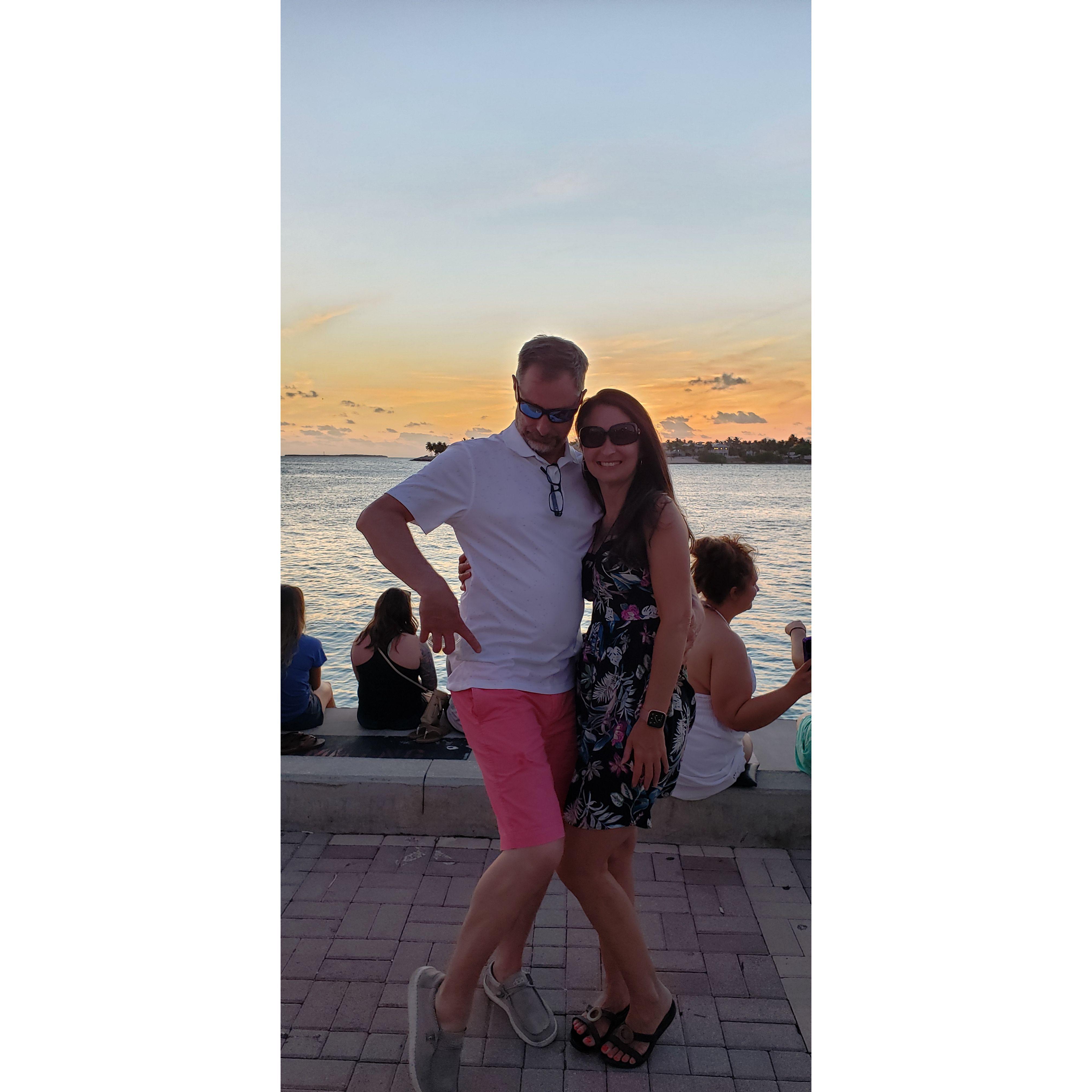 Mike showing off his infamous salmon shorts, at Mallory Square, sunset in Key West