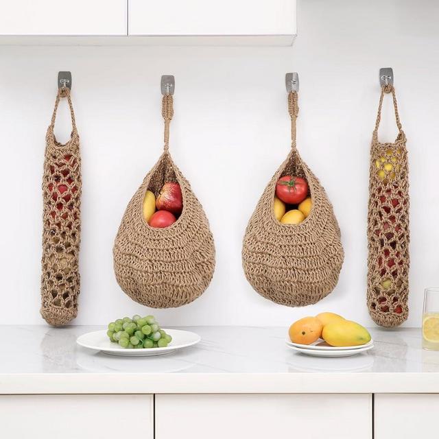 VK VK·LIVING Jute Onion Basket Hanging for Pantry Potato Garlic Onion Pantry Storage Baskets Boho Wall Basket for Kitchen Garlic Bohemian Handwoven Wall Mount Fruit or Veggie Basket Set of 4,Small