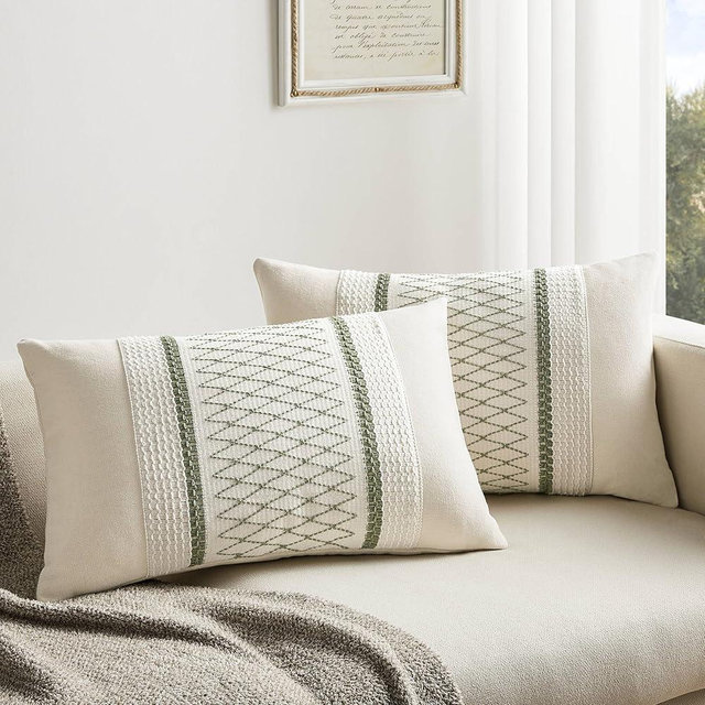 ZeeMart 2 Packs Cotton Boho Lumbar Throw Pillow Covers 12x20 Inch Grid Green, Soft Farmhouse Decorative Couch Pillow Cases Sage Green Cushion Covers for Sofa Bed Living Room Home Decor