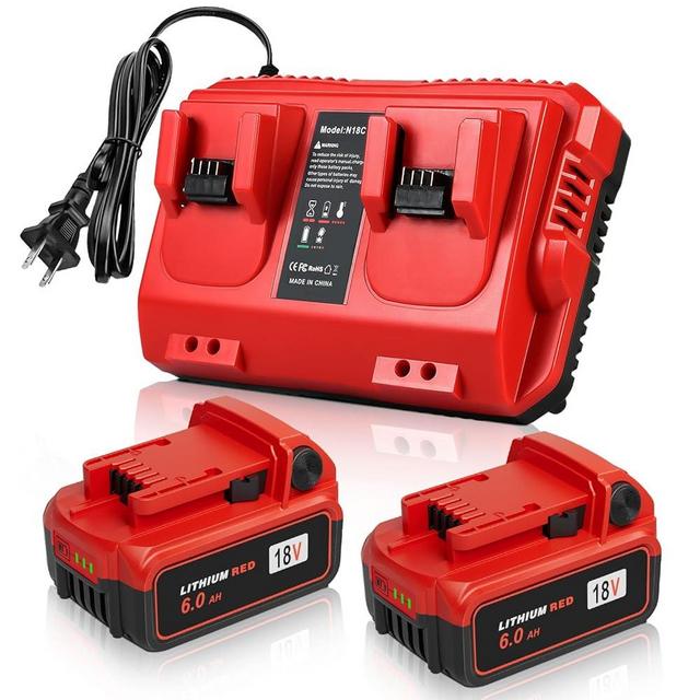 Upgraded 18V 6.0Ah Batteries Replacement for Milwaukee M-18 Battery 2Pack and 1 Charger Set(2-Port)
