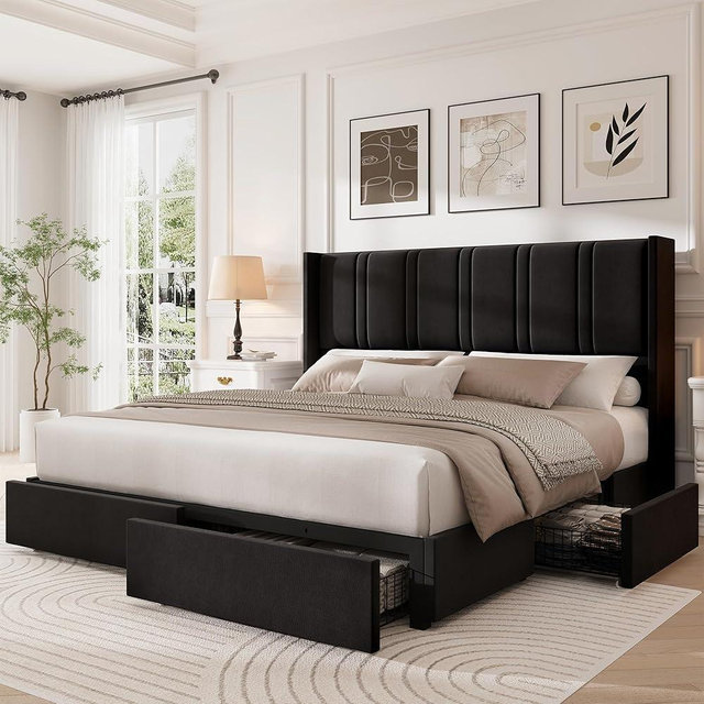 LARMACE King Size Bed Frame with 4 Storage Drawers and Wingback Headboard Velvet Upholstered Platform Bed Frame with Wooden Slats, Easy Assembly, Black