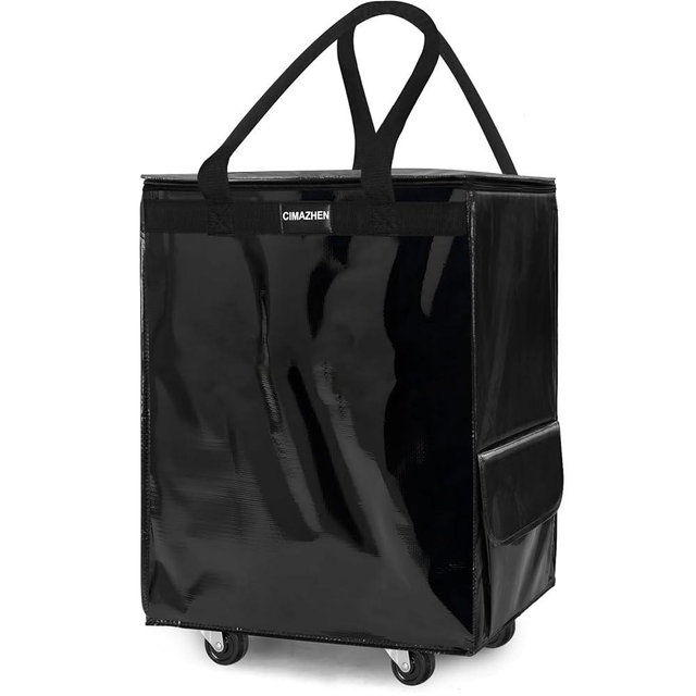 (Medium,Black) Reusable Grocery Bag on Wheels, Laundry Basket Hamper, Foldable Rolling Tote Bag with Handle and Zipper, Storage Organizer for Clothes & Groceries, Rolling Shopping Cart for Trips, 76lb