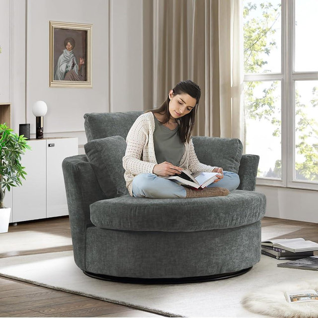 JEEOHEY Swivel Barrel Chair,30'' W Chenille Round Swivel Chair,360 Degree Oversized Swivel Accent Chair,Modern Upholstered Arm Chair,Comfy Single Sofa Chair for Nursery,Living Room,Bedroom(Grey)