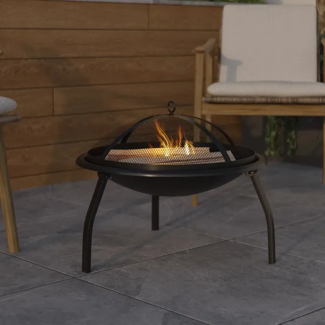 Emma and Oliver 22.5" Black Iron Foldable Wood Burning Outdoor Firepit with Mesh Screen & Poker