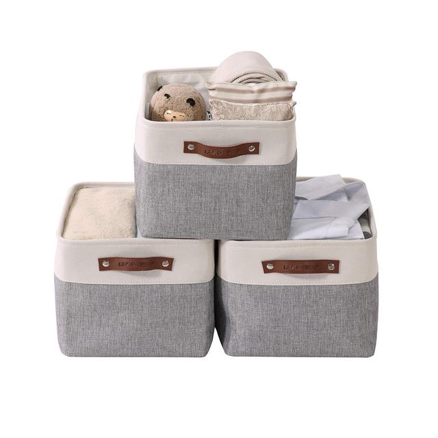 DECOMOMO Storage Bins | Fabric Storage Basket for Shelves for Organizing Closet Shelf Nursery Toy | Decorative Large Linen Closet Organizers with Handles Cubes (Grey and White, Large - 3 Pack)