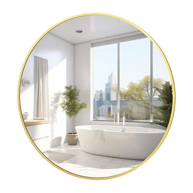 Gold Round Mirror 16 Inch Circle Mirror Wall Mounted Mirror, Gold Vanity Circular Mirror Brushed Metal Frame Anti-Rust, Tempered Glass Hangs Horizontally Mirror for Bedroom, Entryway, Living Room