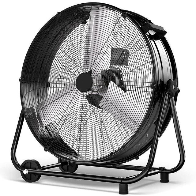 Uthfy 24 Inch Heavy Duty Industrial Drum Fan, 320W High Velocity Floor Fan with 3 Speeds, 360° Tilt Metal Garage Fan for Warehouse, Commercial, Workshop, Factory and Basement, Black