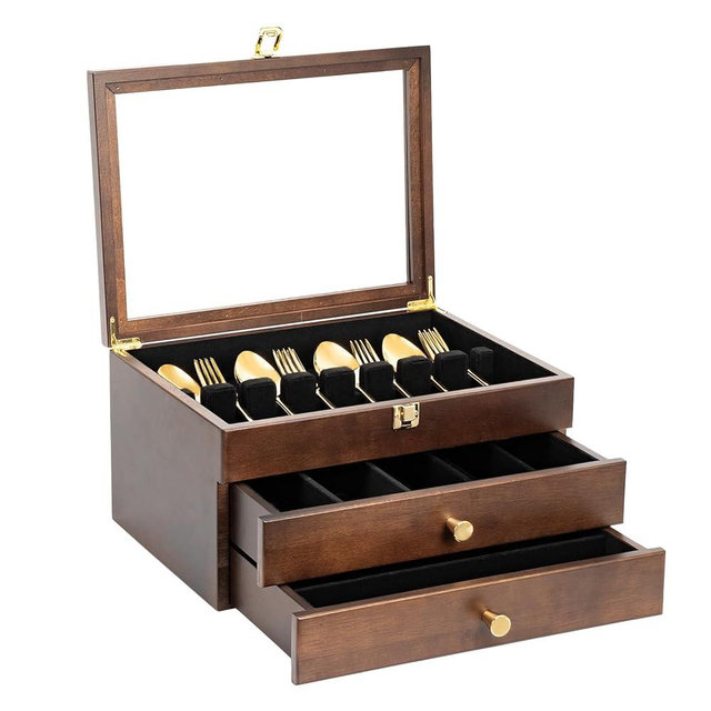Yoimori Fine Silverware Box with Glass Lid, 3-Layer Wooden Silverware Chest with Drawer, 14.5×10.6 Inches Luxury Style Decor Flatware Storage Case for Home&Restaurant, Gift Idea (Walnut)