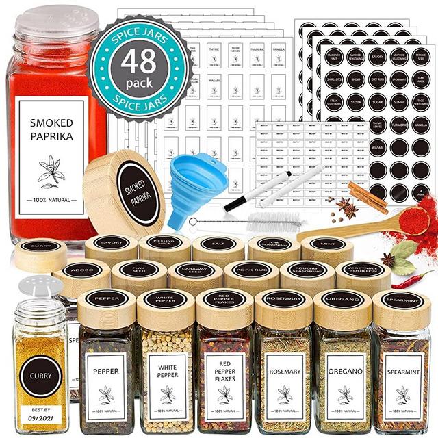 Aliggbent Spice Jars with Lable, 48 Pcs 4 oz Glass Spice Jars with Bamboo Lids, Spice Containers Bottles, Glass Seasoning Jars with Shaker Lids, Collapsible Funnel, for Spice Racks, Pantry, Cupboard