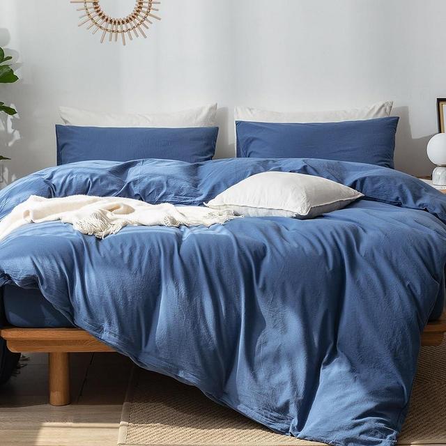 MooMee Bedding Duvet Cover Set 100% Washed Cotton Linen Like Textured Breathable Durable Soft Comfy (True Navy, Queen)