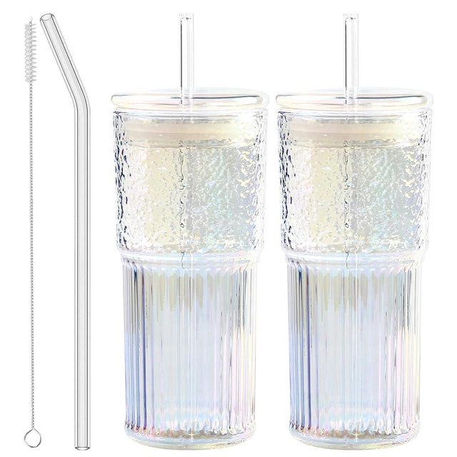 Glass Cups with Lids and Straws, 20 OZ Multi Iced Coffee Glasses Tumblers for Ice Water, Juice, Tea, Milk, Smoothie and Cold or Hot Drinks, Set of 2