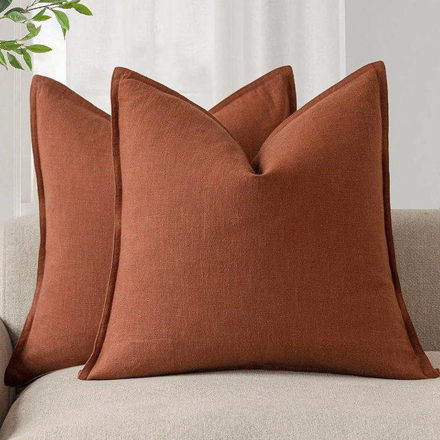 Foindtower Pack of 2, Decorative Linen Soild Throw Pillow Covers Soft Accent Cushion Case Farmhouse Neutral Pillowcase for Chair Couch Sofa Bedroom Living Room Home Decor 18 x 18 Inch Fall Rust Orange